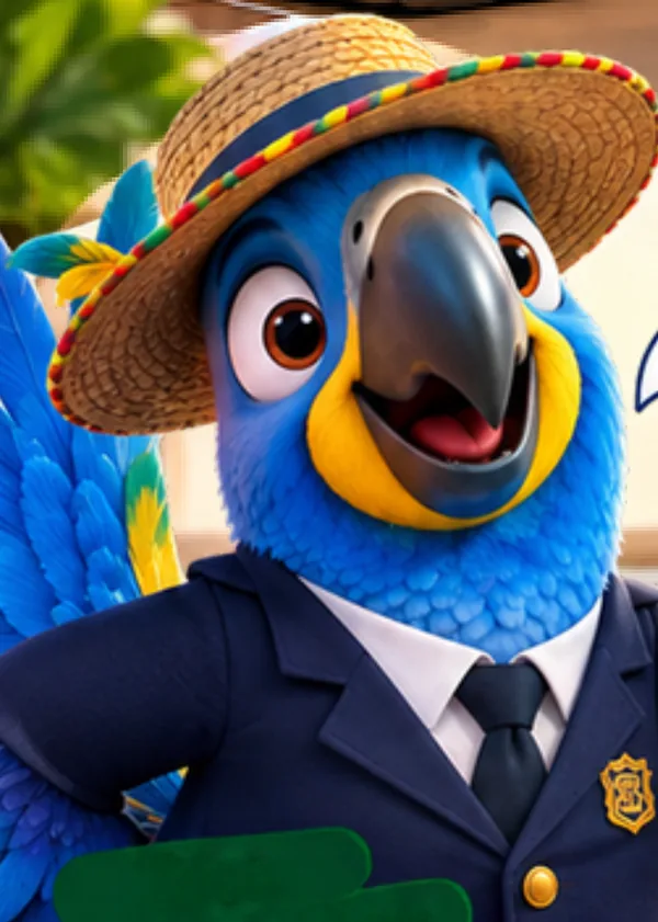 Zeca, la guacamaya guía de Ipanema, con sombrero de paja y saco azul