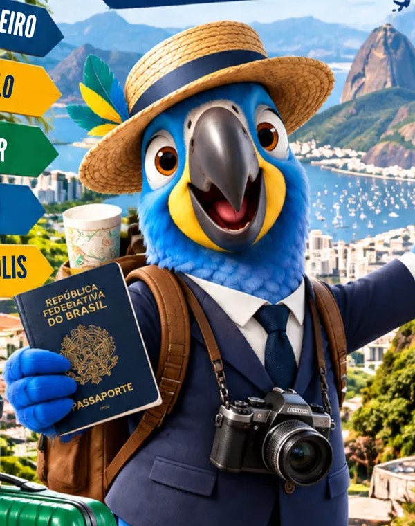 Zeca, la guacamaya guía de Ipanema, con pasaporte y cámara